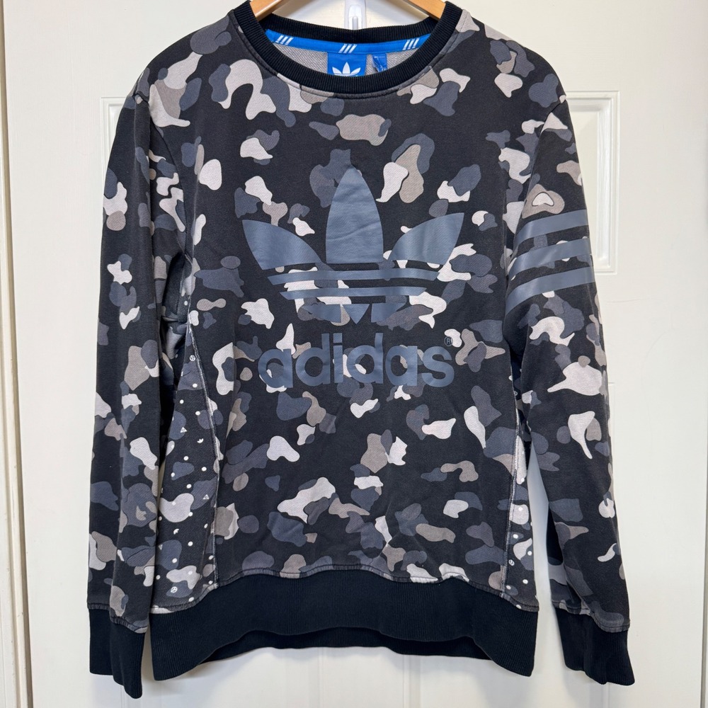 Adidas Mens Sweatshirt M Black Grey Camo Trefoil Logo Streetwear Pullover‎